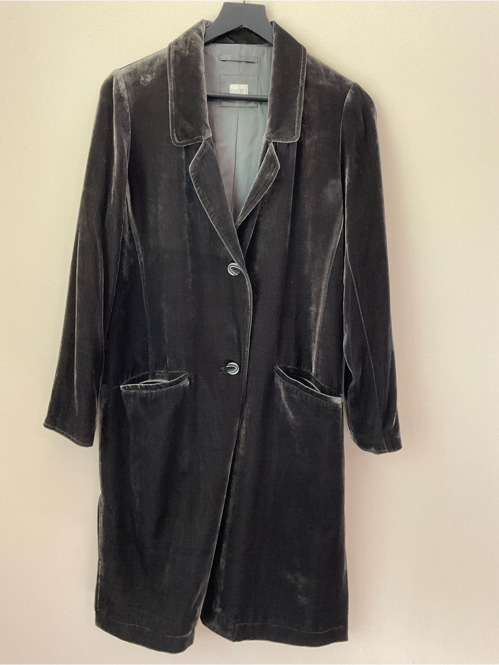 Poetry Velvet silk Long Trench Coat in Dark Gray uk6 us2 19.5” by 36”